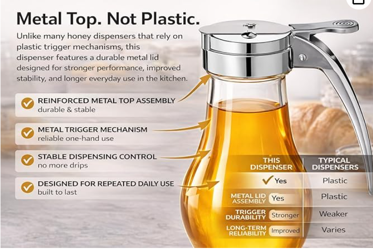 Tempered Glass Honey Dispenser, 14 Ounce Honey Jar with Metal Top, Essential Honey Jars